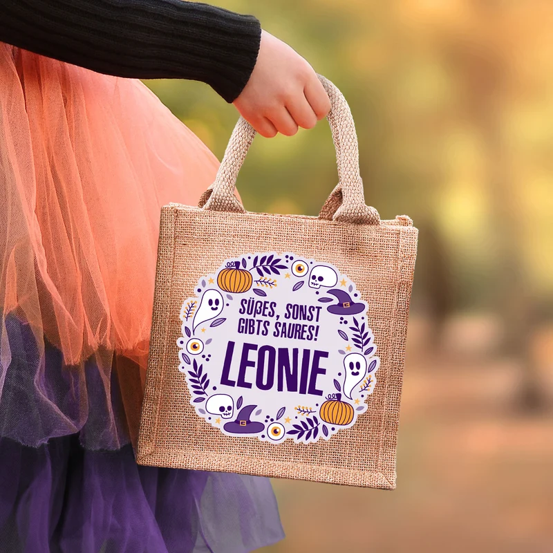 Personalisierte Jutetüte für Halloween | Süßes, sonst gibt’s Saures! – Beutel für Süßigkeiten