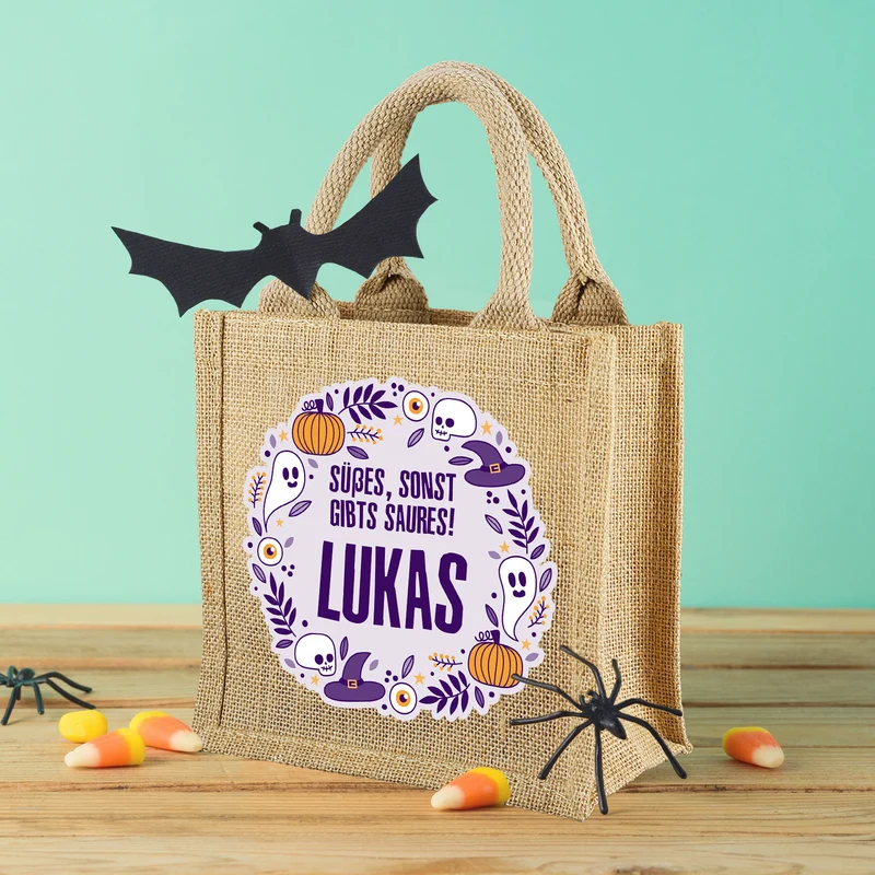 Personalisierte Jutetüte für Halloween | Süßes, sonst gibt’s Saures! – Beutel für Süßigkeiten
