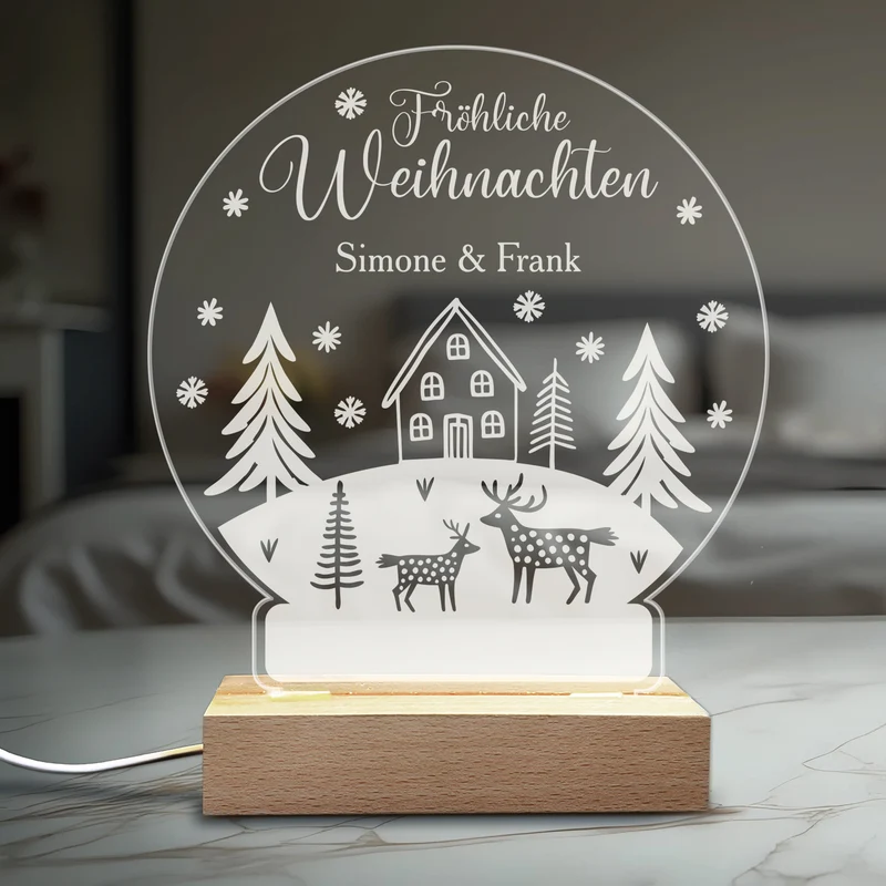 LED Licht personalisiert mit Wunschtext und Acrylglas in Schneekugelform | Geschenk zu Weihnachten