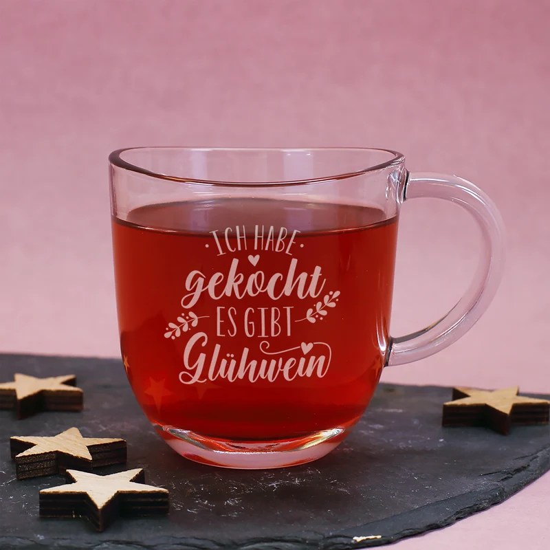 Glühwein Tasse aus Glas mit lustiger Gravur | Ich habe gekocht, es gibt Glühwein | 280 ml