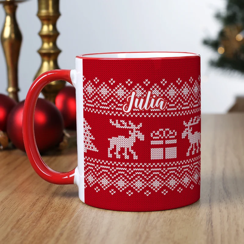 Personalisierte Tasse mit Name zu Weihnachten | Weihnachtstasse in Strick-Optik