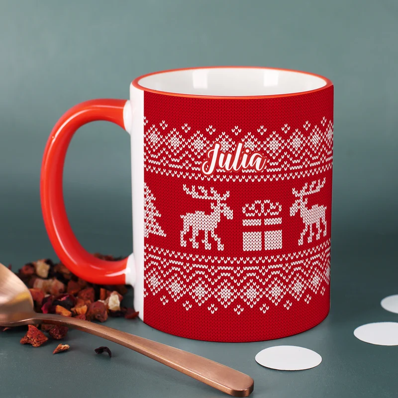 Personalisierte Tasse mit Name zu Weihnachten | Weihnachtstasse in Strick-Optik