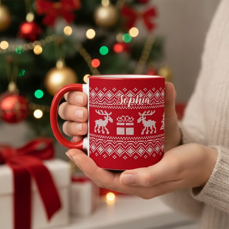 Personalisierte Tasse mit Name zu Weihnachten | Weihnachtstasse in Strick-Optik