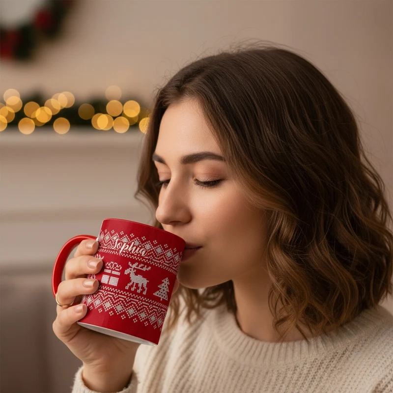 Personalisierte Tasse mit Name zu Weihnachten | Weihnachtstasse in Strick-Optik