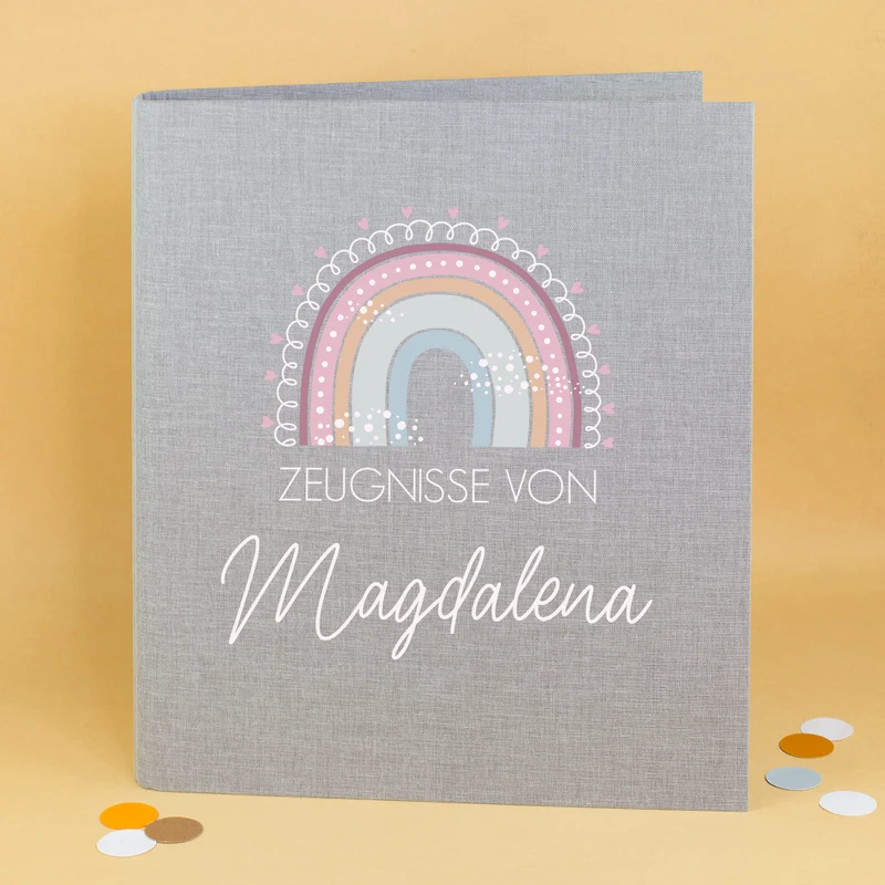 Personalisierte Zeugnismappe aus Leinen mit Name und Regenbogenmotiv | Farbauswahl