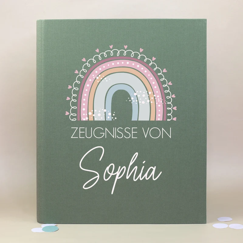 Personalisierte Zeugnismappe aus Leinen mit Name und Regenbogenmotiv | Farbauswahl