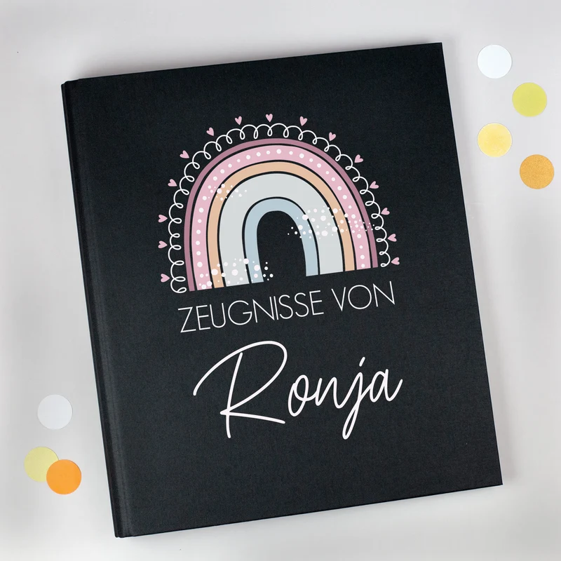 Personalisierte Zeugnismappe aus Leinen mit Name und Regenbogenmotiv | Farbauswahl
