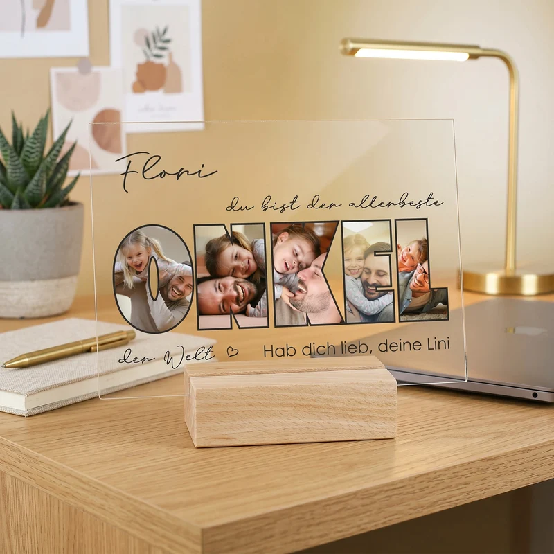 Personalisiertes Acrylglas mit 5 Fotos, Name & Text | Geschenk für den besten Onkel