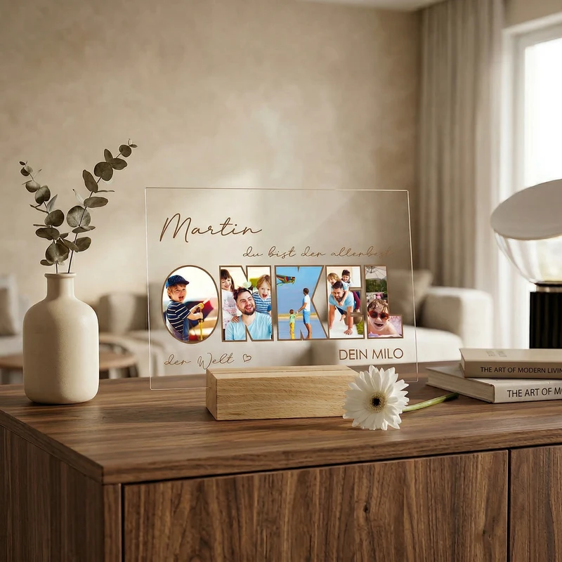 Personalisiertes Acrylglas mit 5 Fotos, Name & Text | Geschenk für den besten Onkel