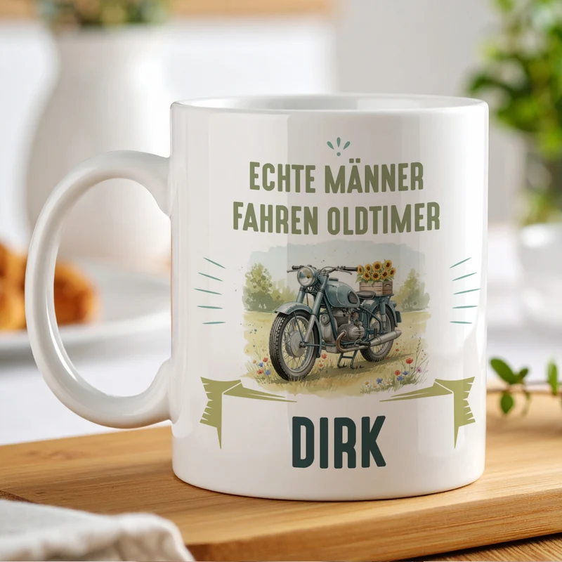 Tasse mit Oldtimer Motorrad Motiv, personalisiert mit Name und Wunschtext | Geschenk für Biker