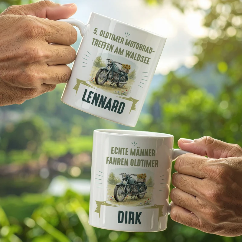 Tasse mit Oldtimer Motorrad Motiv, personalisiert mit Name und Wunschtext | Geschenk für Biker