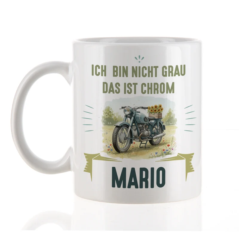 Tasse mit Oldtimer Motorrad Motiv, personalisiert mit Name und Wunschtext | Geschenk für Biker