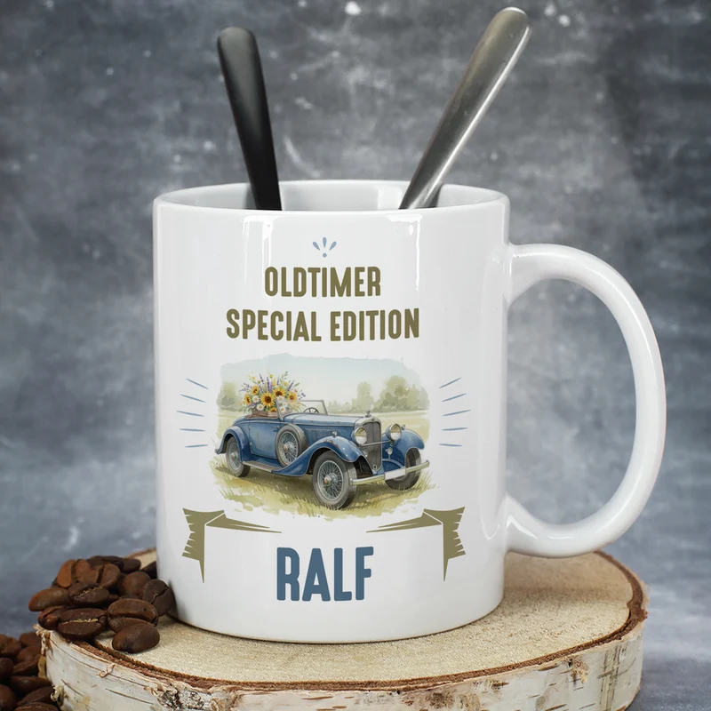 Personalisierte Tasse mit Oldtimer Motiv aus Keramik | Geschenk zum Geburtstag & Vatertag