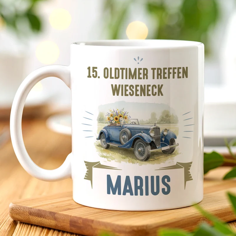 Personalisierte Tasse mit Oldtimer Motiv aus Keramik | Geschenk zum Geburtstag & Vatertag