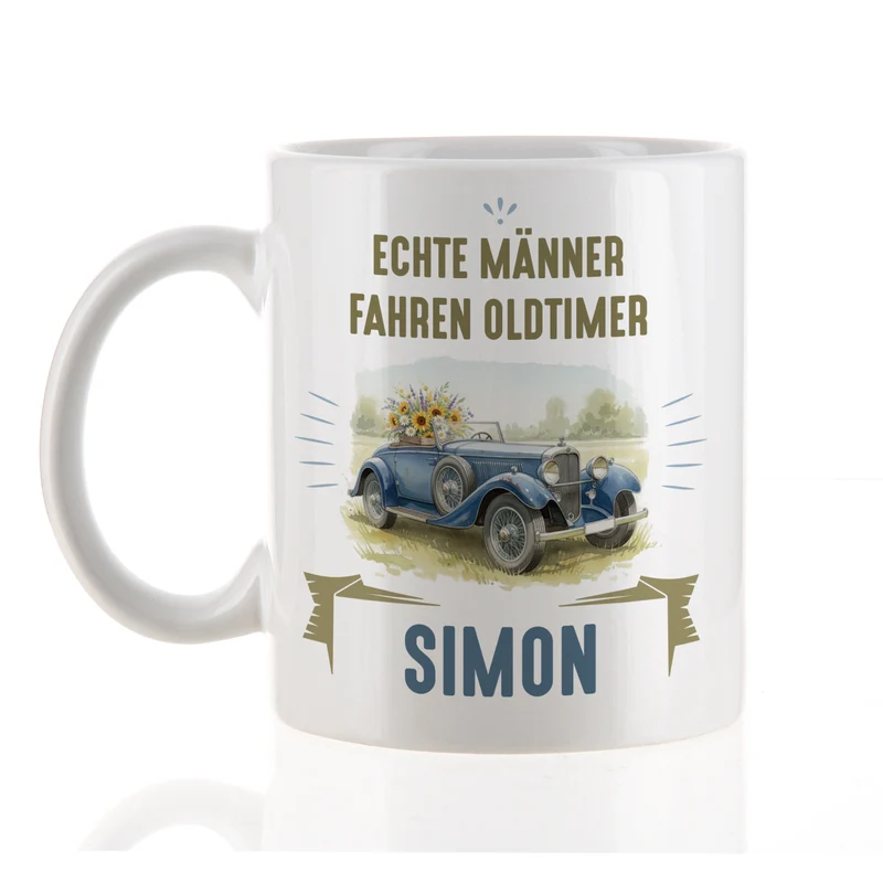 Personalisierte Tasse mit Oldtimer Motiv aus Keramik | Geschenk zum Geburtstag & Vatertag