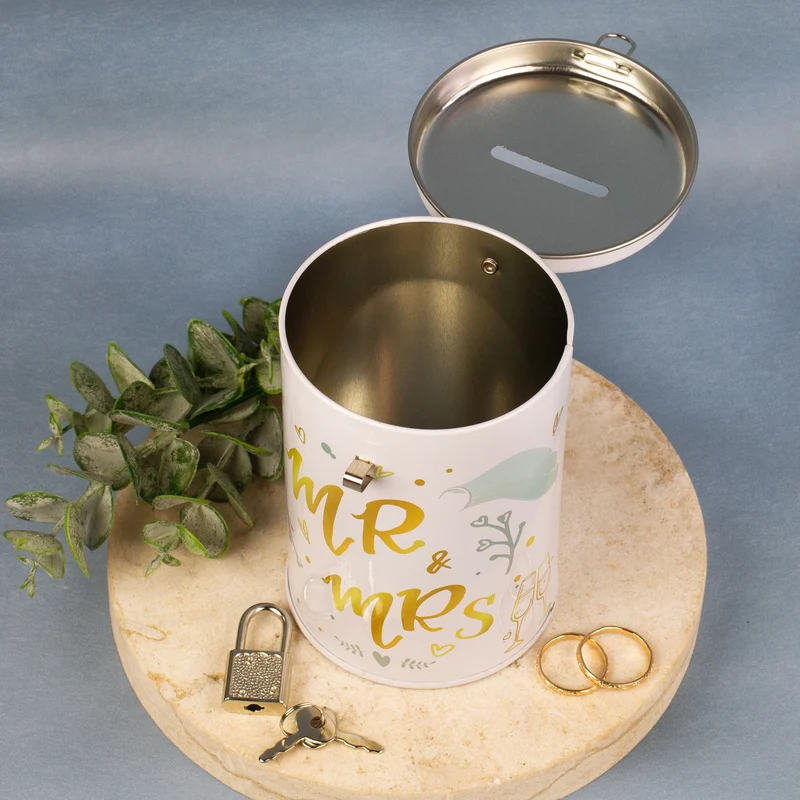 Spardose aus Metall zur Hochzeit - Mr. & Mrs. mit Hochzeitsmotiven, Schloss und Schlüssel