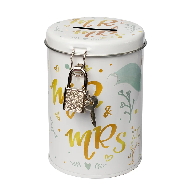 Spardose aus Metall zur Hochzeit - Mr. & Mrs. mit Hochzeitsmotiven, Schloss und Schlüssel