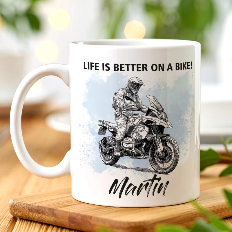 Tasse mit Adventure Reiseenduro Motiven personalisiert, Biker - Geschenk