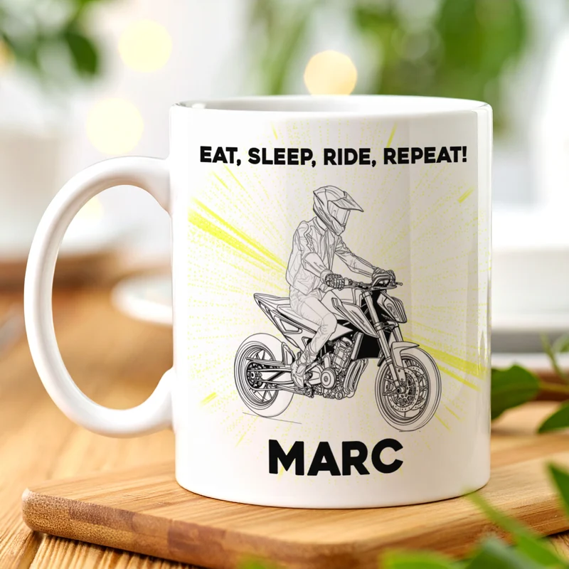 Personalisierte Tasse mit Supermoto-Motiven, Name und Wunschtext, Geschenk für Motorradfahrer