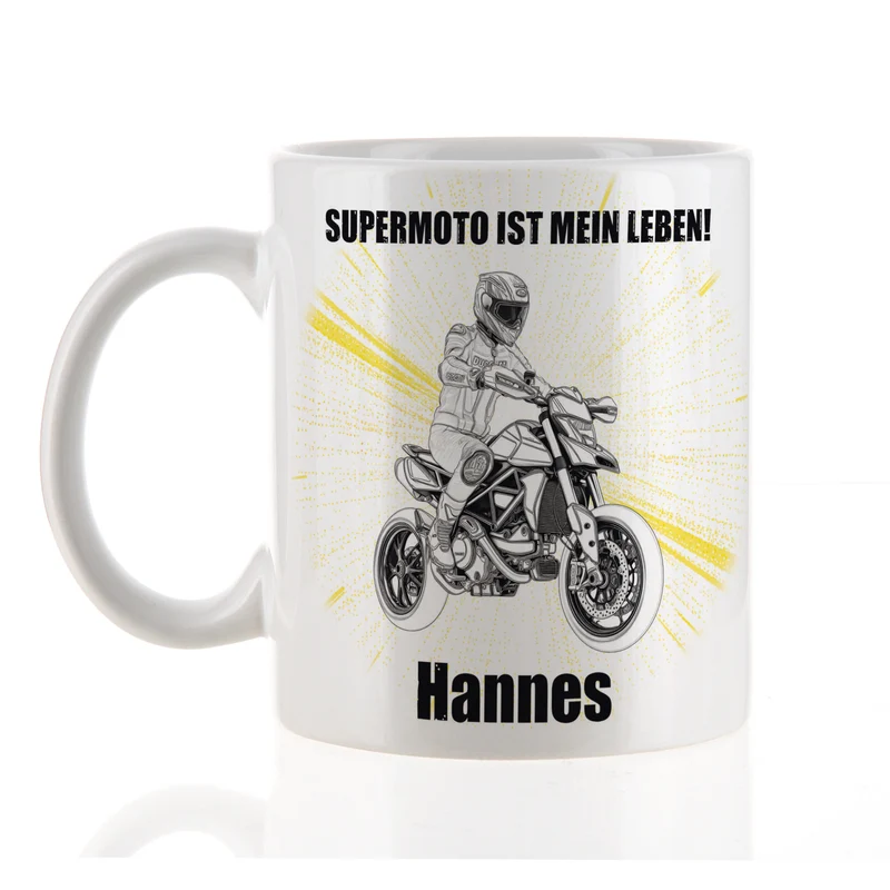 Personalisierte Tasse mit Supermoto-Motiven, Name und Wunschtext, Geschenk für Motorradfahrer