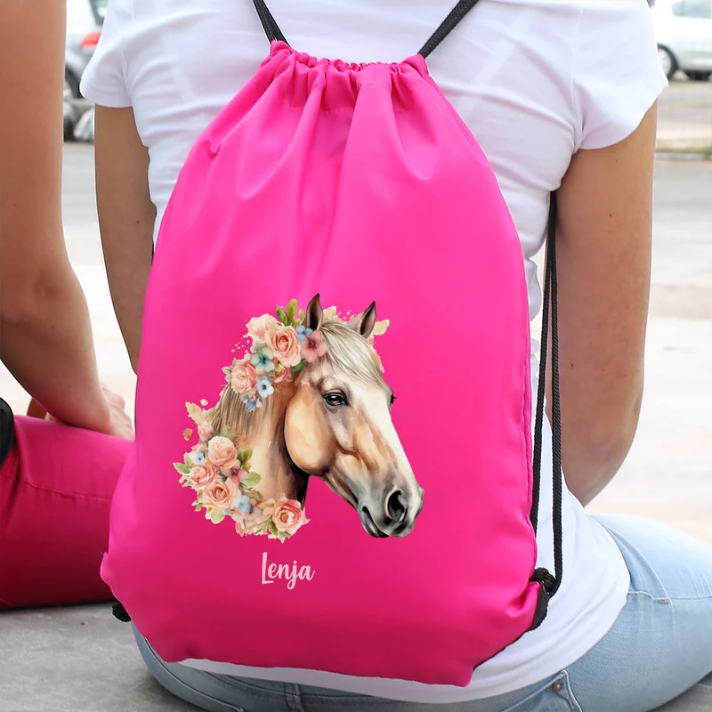 Personalisierter Sportbeutel mit Pferdemotiv und Name in Pink | Turnbeutel für Mädchen & Sport
