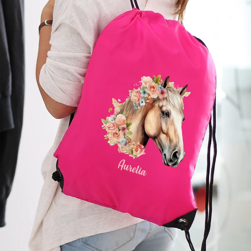 Personalisierter Sportbeutel mit Pferdemotiv und Name in Pink | Turnbeutel für Mädchen & Sport