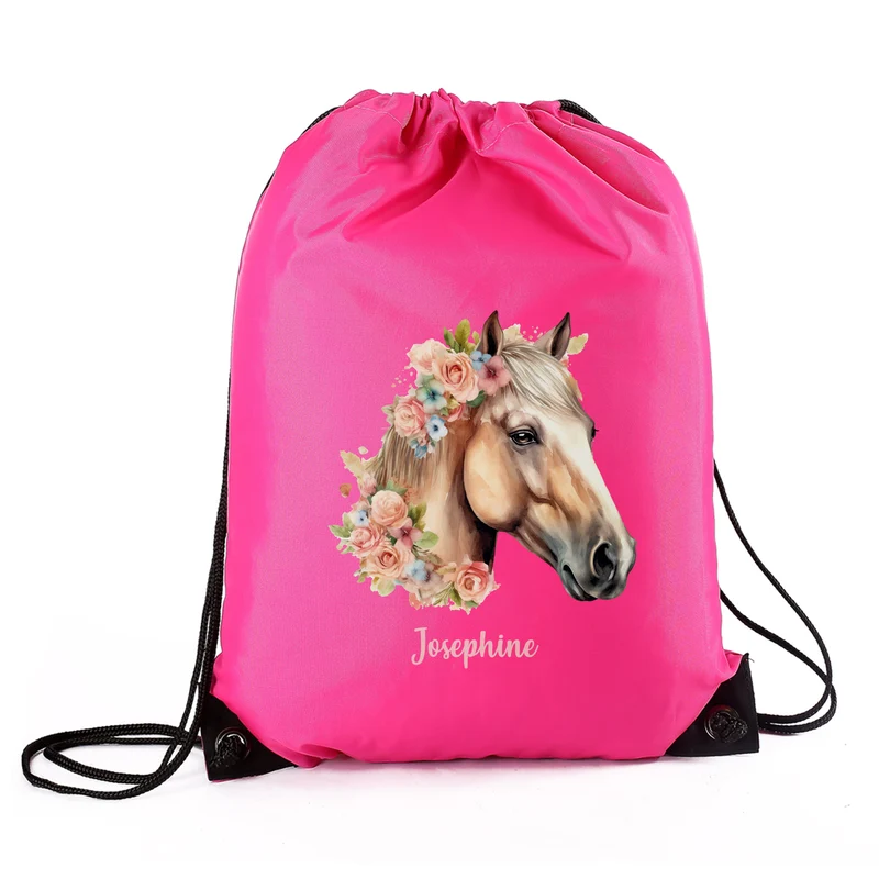 Personalisierter Sportbeutel mit Pferdemotiv und Name in Pink | Turnbeutel für Mädchen & Sport