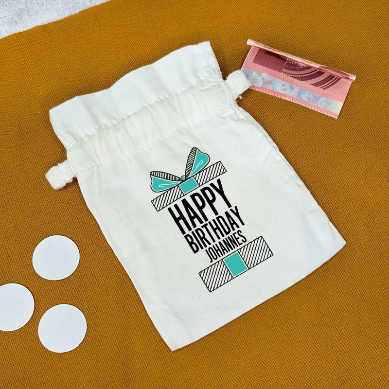 Kleines Baumwoll-Säckchen für Geldgeschenke zum Geburtstag personalisiert mit Name | Happy Birthday