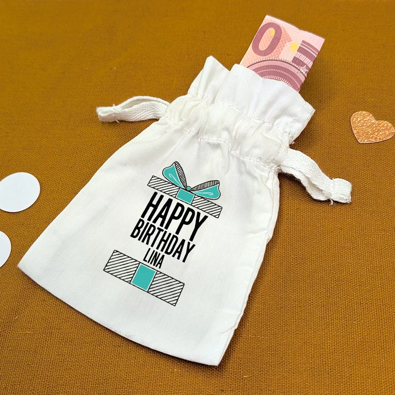 Kleines Baumwoll-Säckchen für Geldgeschenke zum Geburtstag personalisiert mit Name | Happy Birthday
