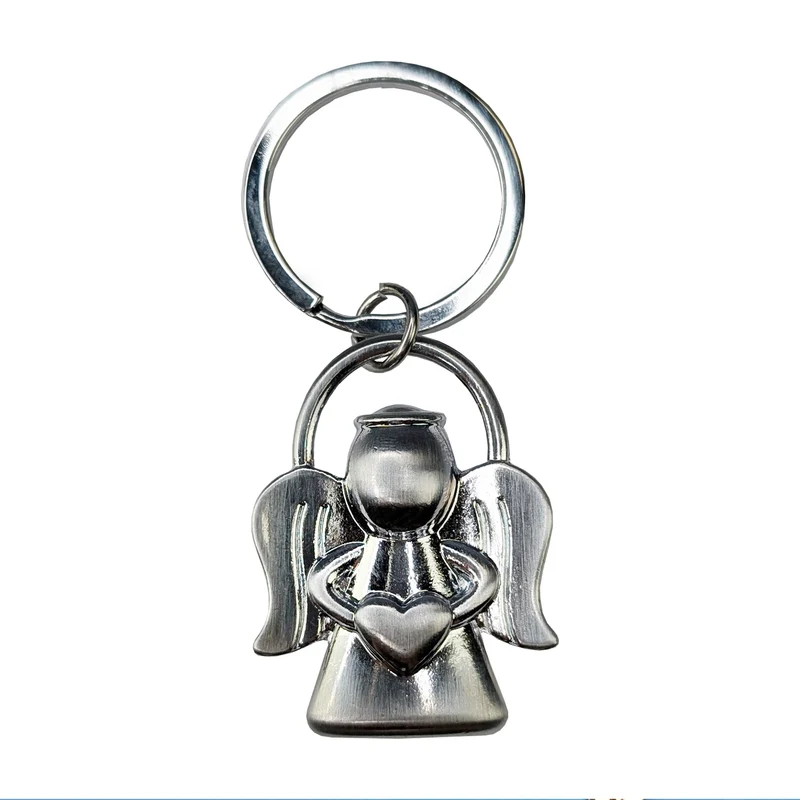 Metall-Schlüsselanhänger Schutzengel mit Herzsymbol in den Händen & geschwungenen Flügeln