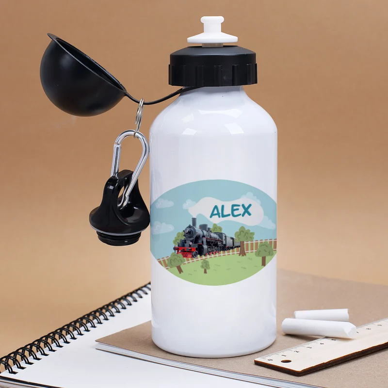 Personalisierte Trinkflasche für Jungen mit Name und Dampflok-Motiv | Metall | 500ml