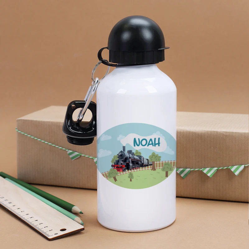 Personalisierte Trinkflasche für Jungen mit Name und Dampflok-Motiv | Metall | 500ml