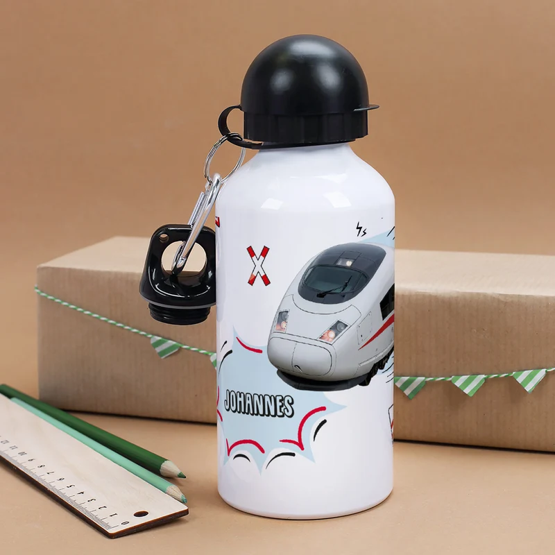 Trinkflasche für Kinder mit Zug-Motiv personalisiert mit Name | Metall | 500ml