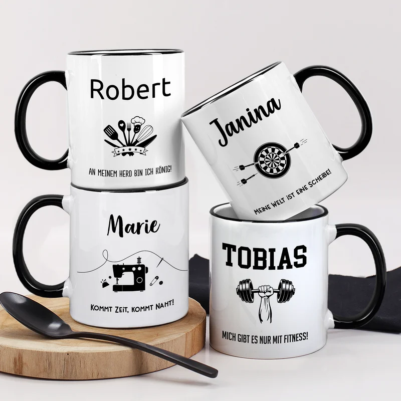Personalisierbare Tasse mit Hobby-Motiven | Schriftart und Motiv wählbar