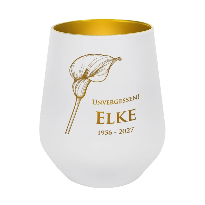 Personalisiertes Windlicht als Trauerkerze mit Gravur und Calla-Motiv | Weiß & Schwarz