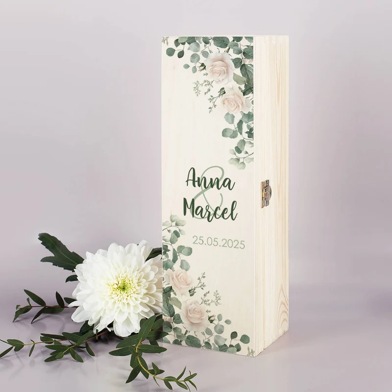Geschenkverpackung zur Hochzeit - Holzbox mit Namen und Datum Rosenmotiv