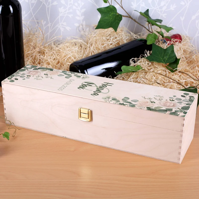 Geschenkverpackung zur Hochzeit - Holzbox mit Namen und Datum Rosenmotiv