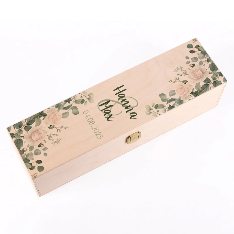 Geschenkverpackung zur Hochzeit - Holzbox mit Namen und Datum Rosenmotiv