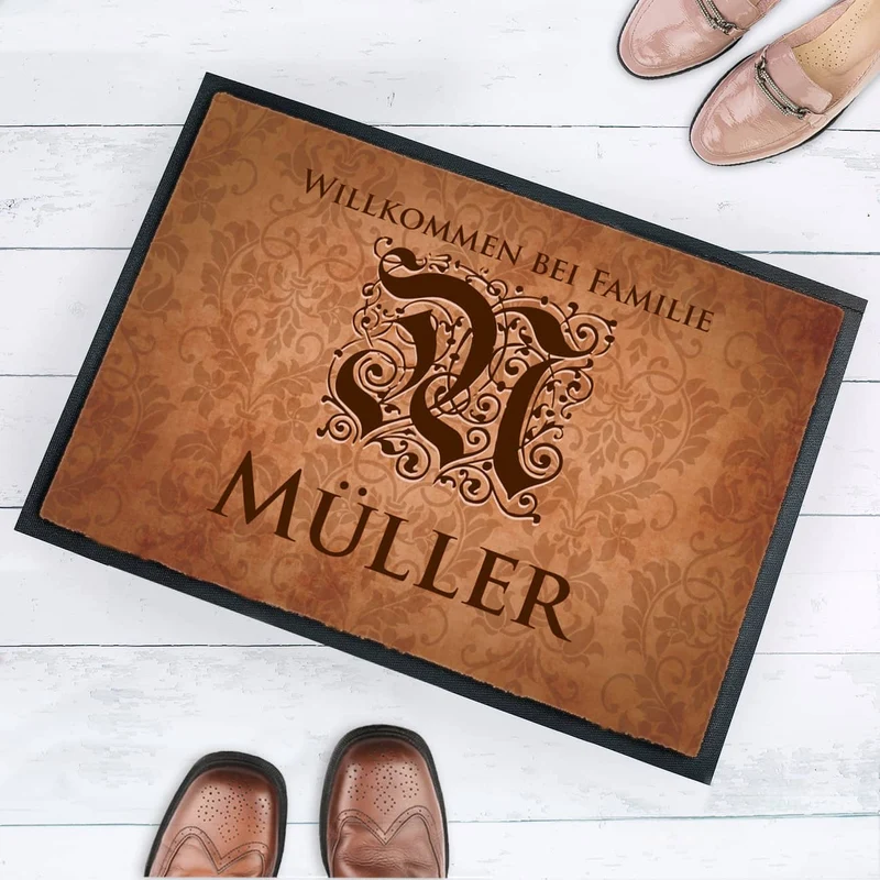 Bedruckte Fussmatte mit Monogramm & Text personalisiert im Vintage-Stil