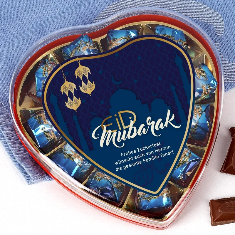Pralinenherz zum Zuckerfest mit Wunschtext | Eid Mubarak Pralinen | 2 Sorten & Farbauswahl