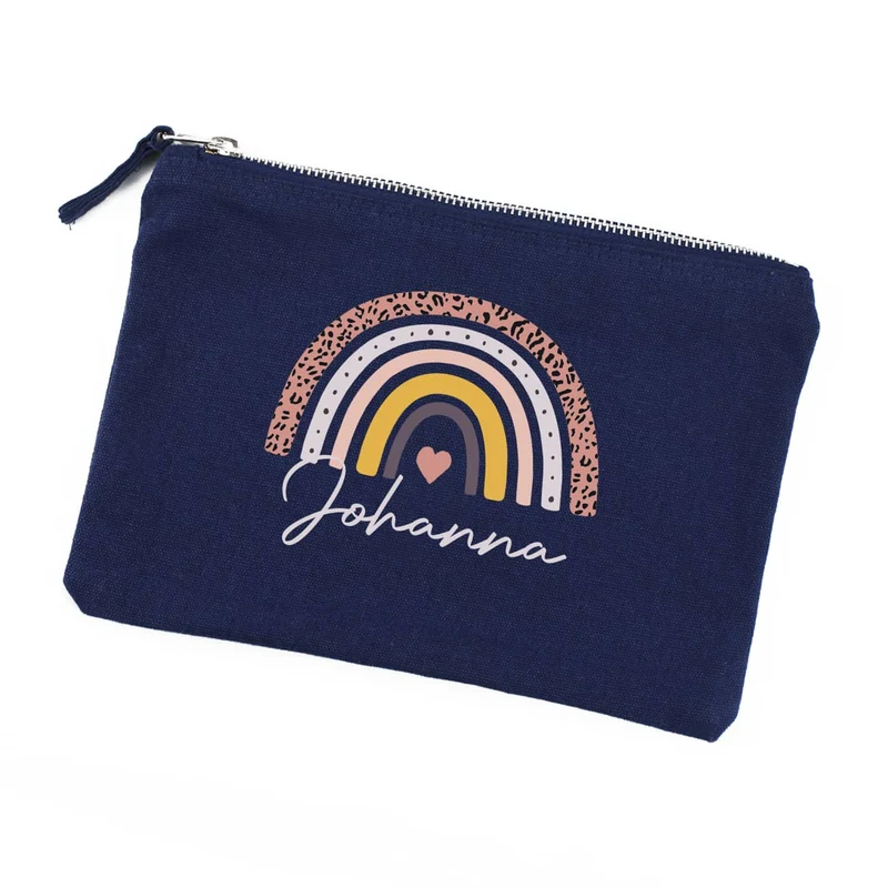 Kosmetiktasche mit Regenbogen-Motiv und Name, 2 Farben zur Auswahl