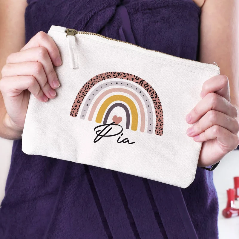Kosmetiktasche mit Regenbogen-Motiv und Name, 2 Farben zur Auswahl