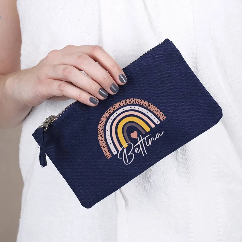 Kosmetiktasche mit Regenbogen-Motiv und Name, 2 Farben zur Auswahl