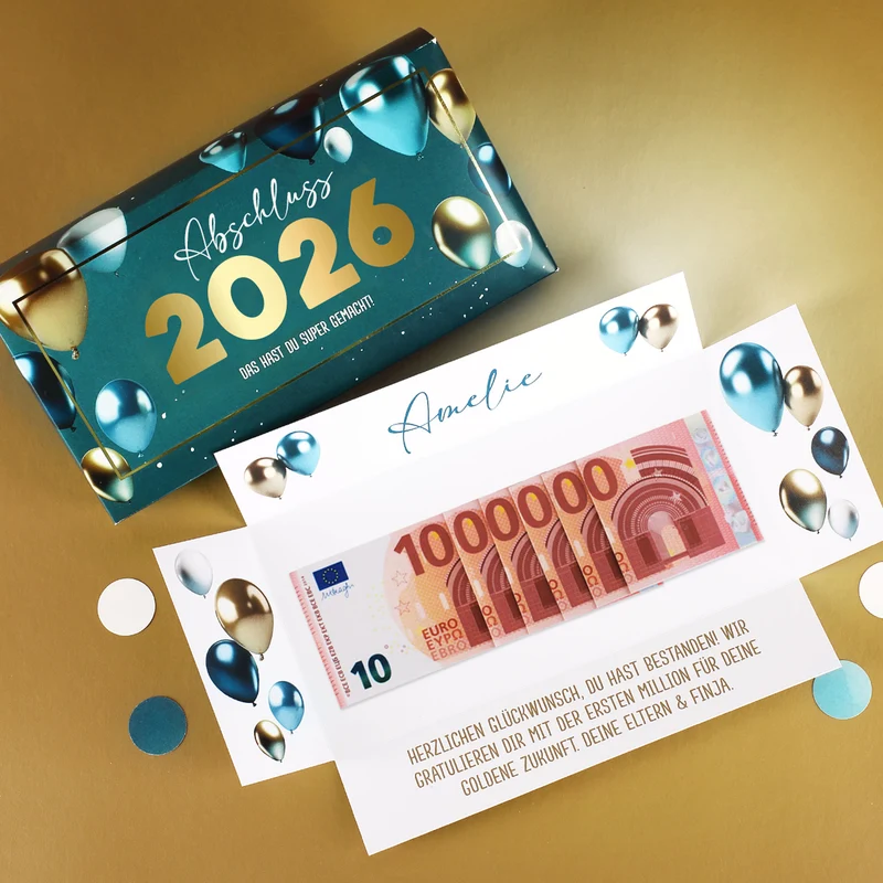 Geldgeschenk zum Abitur 2026 - Box mit Goldprägung, Name & Wunschtext