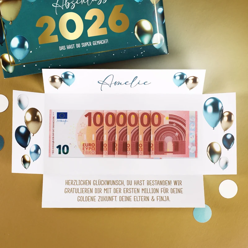 Geldgeschenk zum Abitur 2026 - Box mit Goldprägung, Name & Wunschtext