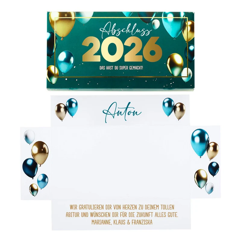 Geldgeschenk zum Abitur 2026 - Box mit Goldprägung, Name & Wunschtext