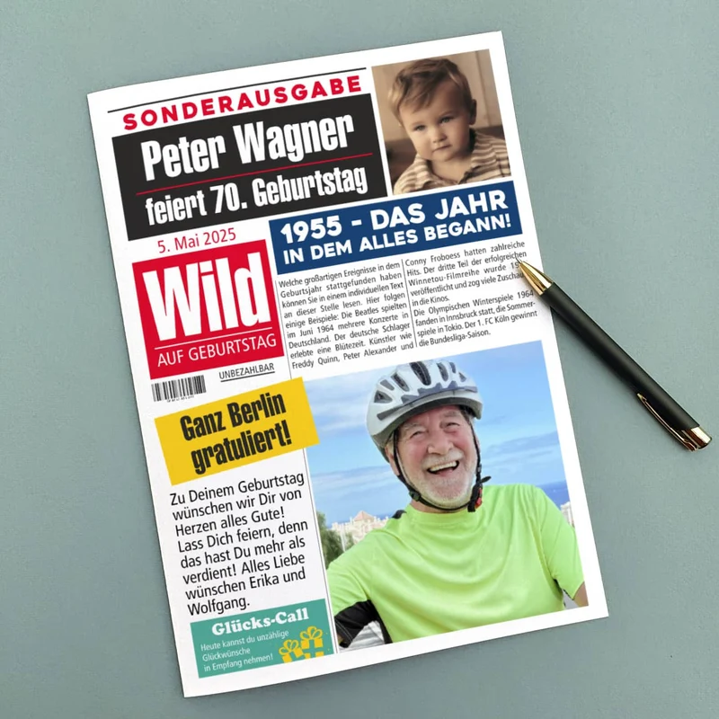Personalisierte XL Geburtstagszeitung Karte | A4 Klappkarte mit 4 Fotos