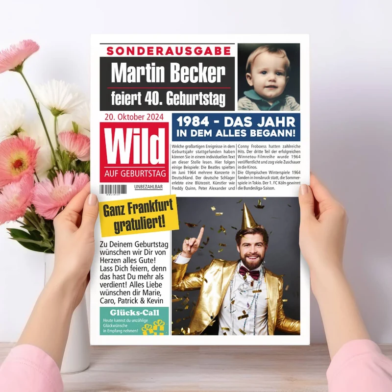 Personalisierte XL Geburtstagszeitung Karte | A4 Klappkarte mit 4 Fotos