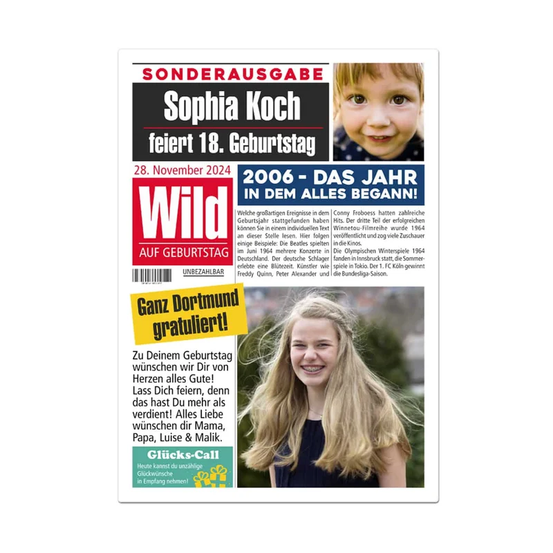 Personalisierte XL Geburtstagszeitung Karte | A4 Klappkarte mit 4 Fotos