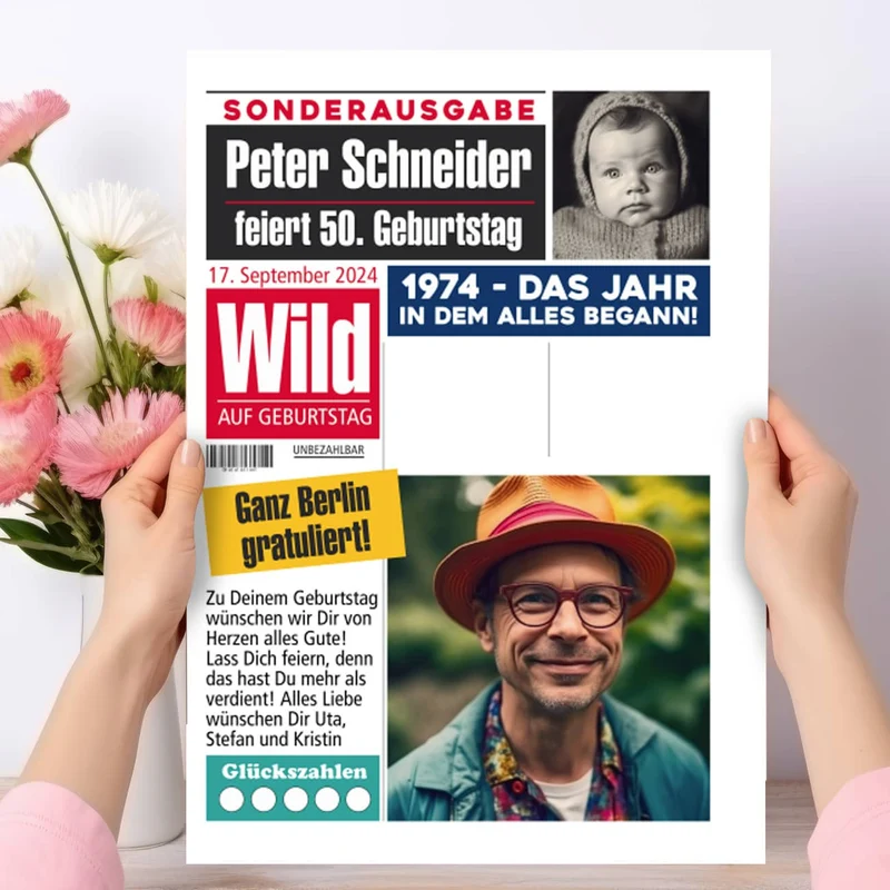 Personalisierte XL Geburtstagszeitung Karte | A4 Klappkarte mit 4 Fotos